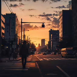 a city street with cars at sunset near tall buildings