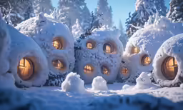 the little houses are nestled in the snowy woods