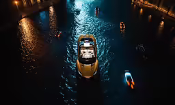 a boat floating down the middle of a river