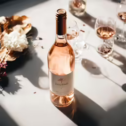 a bottle of wine sitting next to two glasses