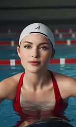 a woman standing in a swimming pool wearing a red bathing suit