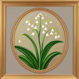 a painting on a white background with green stems and hearts on it,painting of white lily of the valley in a gold frame,an image of a frame that has flowers in it,a picture with flowers painted in it,a painting of flowers with white hearts in the center