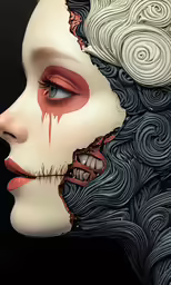 an artistic mask with spirals on the head