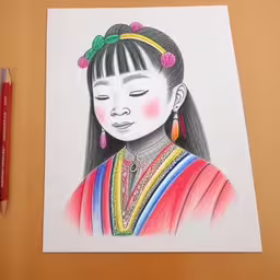 a drawing of a young girl with a flower in her hair,this is a picture of a chinese girl