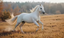 a horse running through an open field with trees in the background