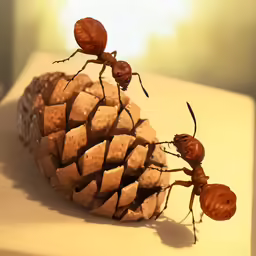 3d rendering of an insect next to a cone of nuts