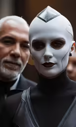 a man standing next to a white mannequin wearing a black outfit