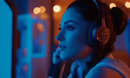 a woman listening to music through headphones