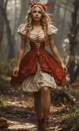 a woman dressed in a red and white dress is walking through a forest