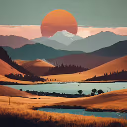 an abstract landscape of the sun setting over mountains,the sun sets over a desert mountain range