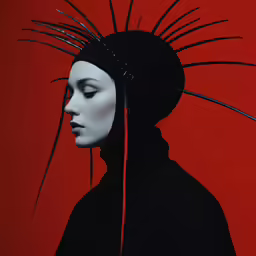 a woman with spiked head and blood dripping on her forehead