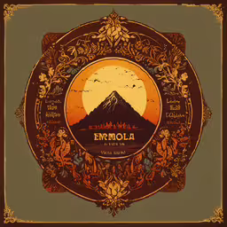 an orange and yellow frame with the words emporia on it,a drawing of a mountain and a quote that reads endmola in a golden circle