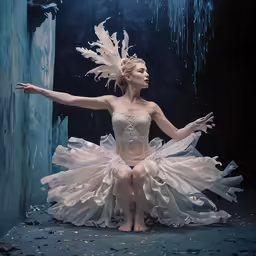a woman in a ballet outfit and white feathers
