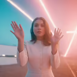 a woman with her hands up on top of her chest