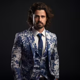 a man in a blue and white suit with his hair swept back,a young man is posing in a blue floral suit