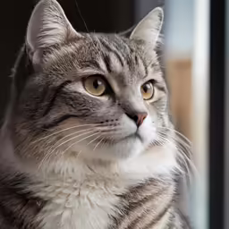 a grey cat is staring out the window
