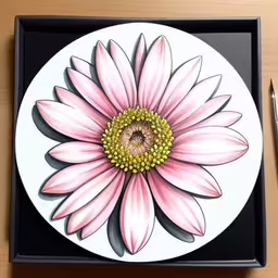 a painting of a pink daisy on a plate