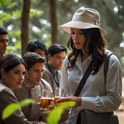 a woman holding a small cup with several others around her