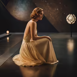 a beautiful woman in an elegant dress sitting by a lamp