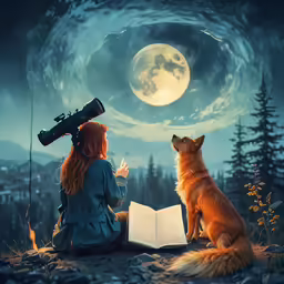 woman looking through telescope at dog and book