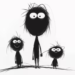 black and white drawing of family of ants