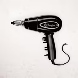 black hair dryer attached to wall on a white wall