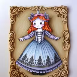 a painting on a wall with an orange hair girl in blue dress,an artistic tile in the form of a princess in a blue dress