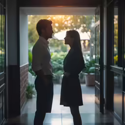 two business people standing in the hallway near a door