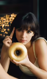 there is a woman holding a doughnut that has been taken bite out of it