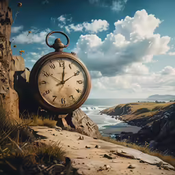 an old clock in the sand near some water