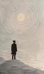 a lone man in a hat standing in the snow in front of the snow cloud