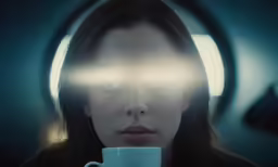 a woman holding a coffee cup staring into the camera