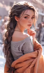 an attractive young girl with long, brown hair wearing a shawl