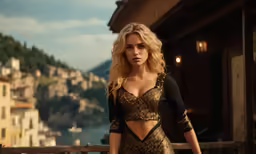 the woman is standing near a body of water