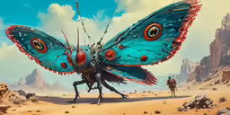 a blue butterfly with large eyes walking away from another insect