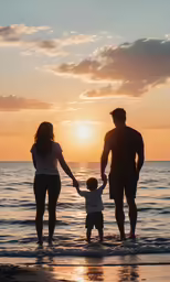 a family on the beach watching the sun set
