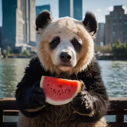 a bear holding up a slice of watermelon
