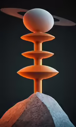 three white spheres and two orange disks near each other
