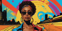 an artistically painted photo of a woman in sunglasses,woman in front of large city painting by shepard de vret