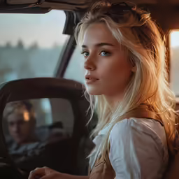 a lady that is sitting in the passenger seat of a vehicle