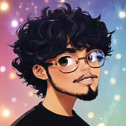 a man with glasses and curly hair, looking at something