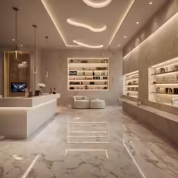 a bathroom has white marble flooring and shelves with bottles
