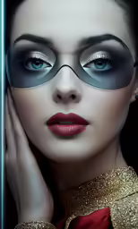 a woman wearing glasses and a necklace and holding her hand near her face