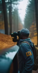 a man takes a photo with his tripod in the woods