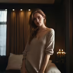 a beautiful young woman standing next to a bed in a room