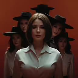 a woman surrounded by other ladies in hats