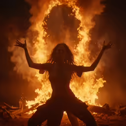 a woman is surrounded by fire while her arms are in the air