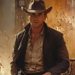 man in brown jacket sitting on wooden bench wearing a cowboy hat