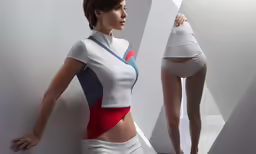 3d renderings of a female in a sexy white outfit with red and blue pants