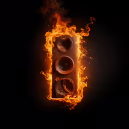 flames engulf a sign with two speakers on fire